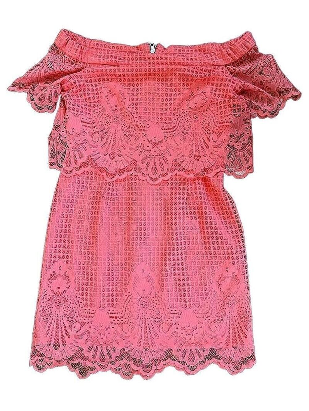 Topshop Pink Lace Crochet Off the Shoulder Mini Dress Boho Ruffle Size 8
